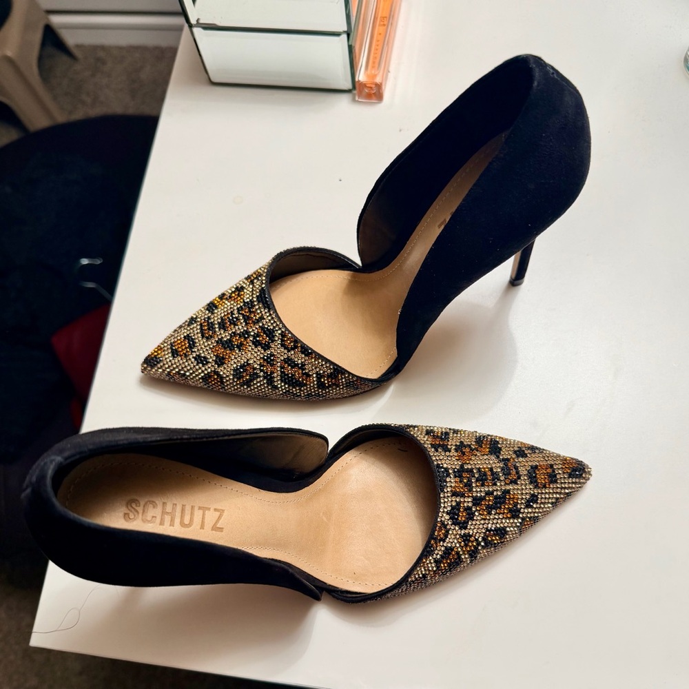 New SCHUTZ Black and  rhinestone leopard print  Heels